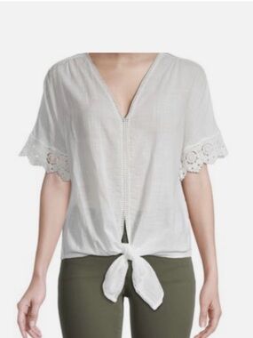 Max Studio White V-Neck Tie-Front Crochet Sleeve Blouse (1X)